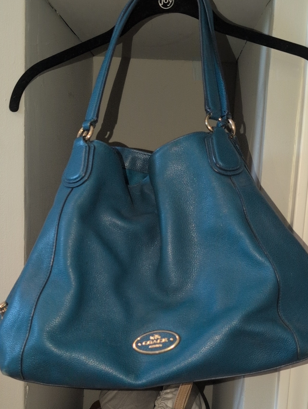 Coach Blue Leather Shoulder Bag with Gold Logo Plaque